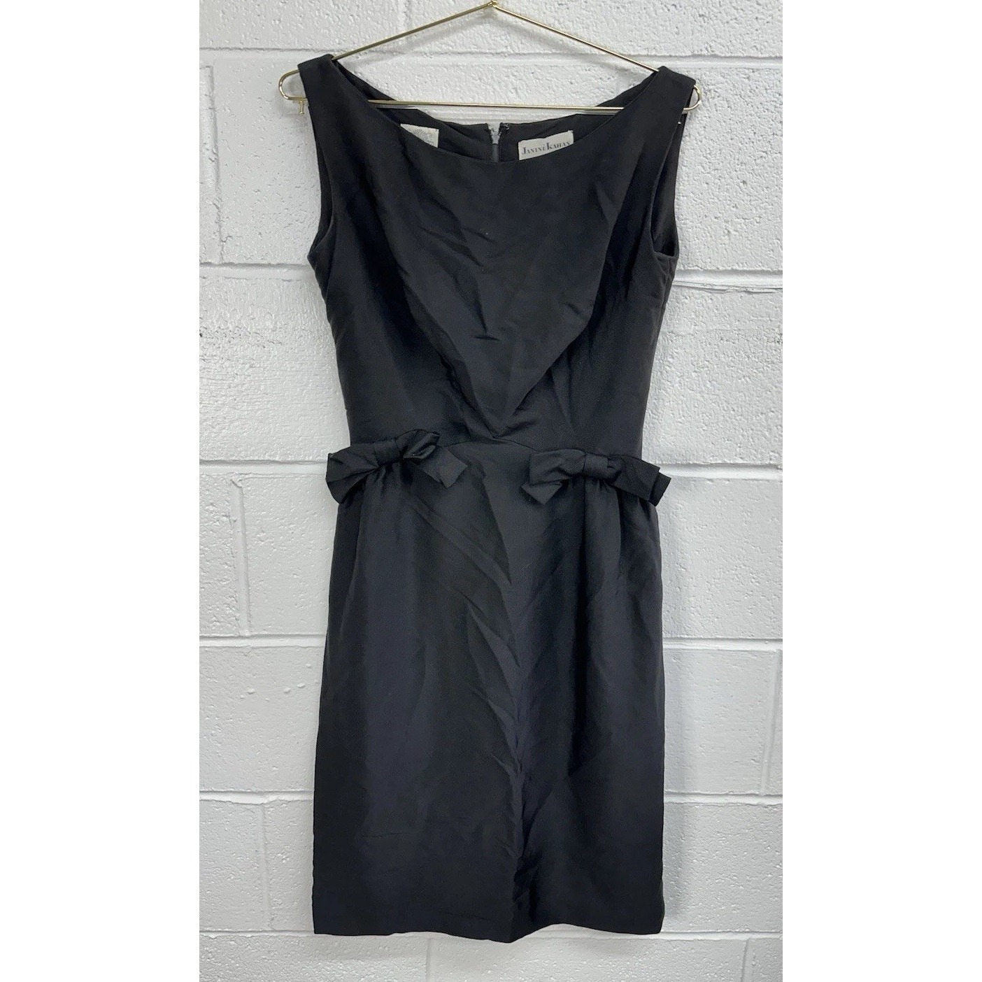 Vintage 60s Janine Kahan Black Silk Bow Waist Boat Neck Dress / Women's Sz 2-4